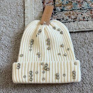 NEW- Steve Madden Ivory Crystal Ribbed Beanie Hat